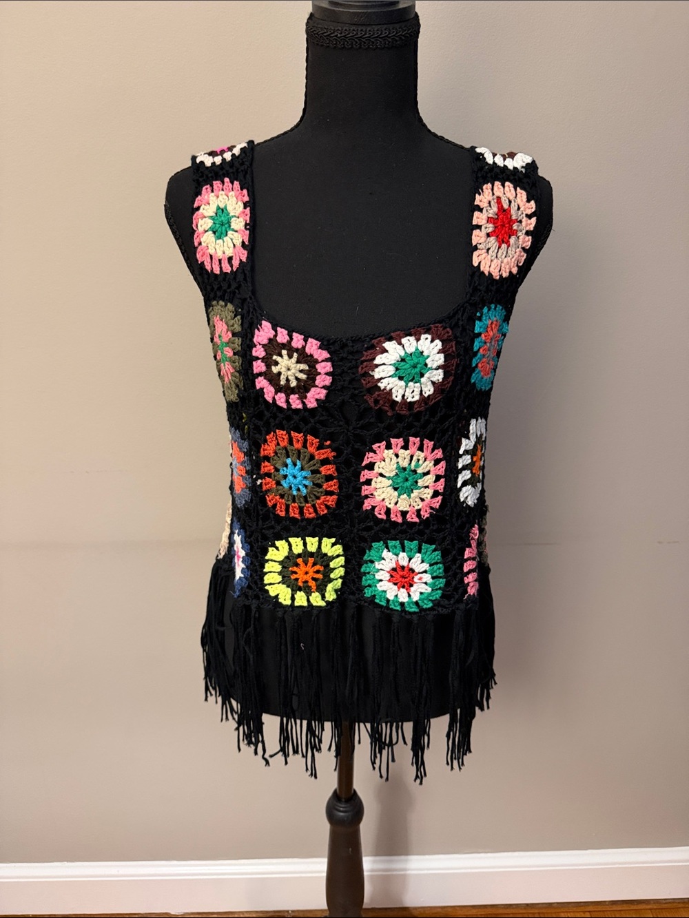 Miroh NWT Granny Square Crochet Fringe Tank Top Large Boho Festiva
